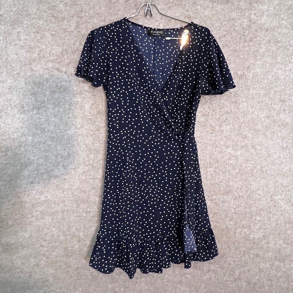 Relipop Polka Dot Wrap Dress Womens Small Navy Ruffle Hem Flutter Sleeve Mini